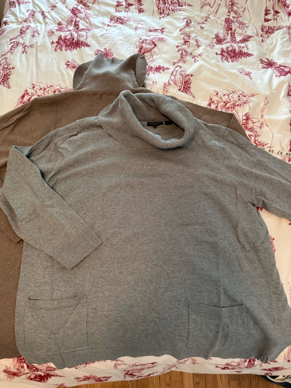 Pair of Cowl Neck Cotton Two Pocket Tunic Sweaters-Taupe & Grey, 3X